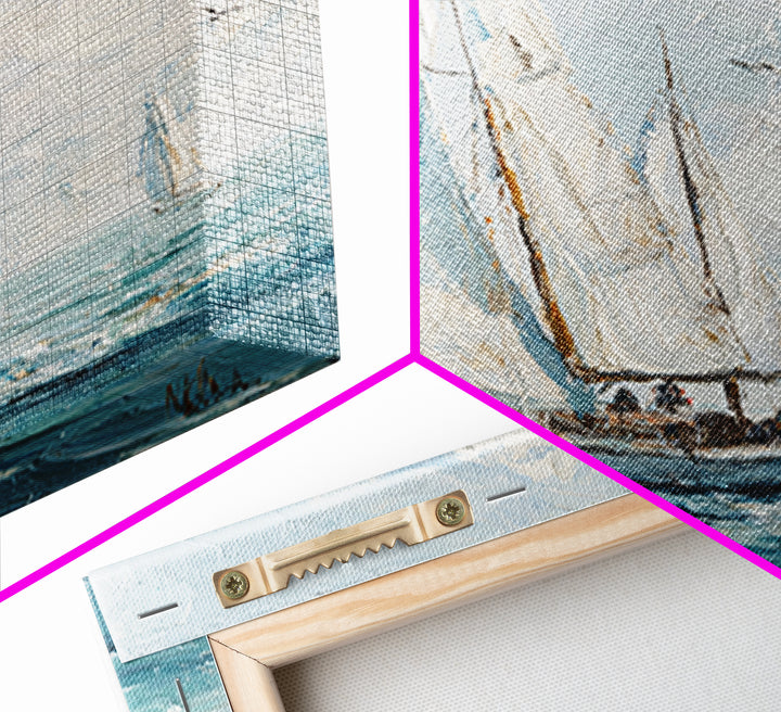 Classic Yacht Racing Through Whitecaps Framed Canvas Print, Nautical Art, Coastal Decor, Oil Painting, Harbor, Fine Art Print, NAU-1x1-43