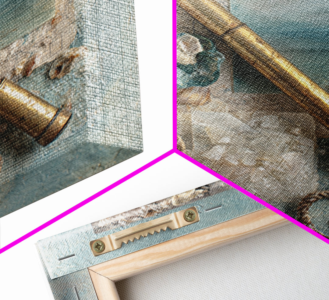 Brass Telescope and Old Map Still Life Framed Canvas Print, Nautical Art, Statement Artwork, Coastal Decor, Fine Art, Harbor, NAU-1x1-78
