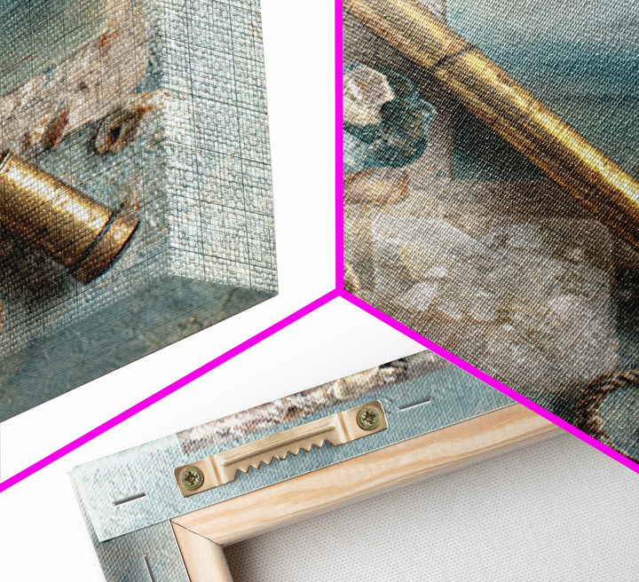 Brass Telescope and Old Map Still Life Framed Canvas Print, Nautical Art, Statement Artwork, Coastal Decor, Fine Art, Harbor, NAU-1x1-78