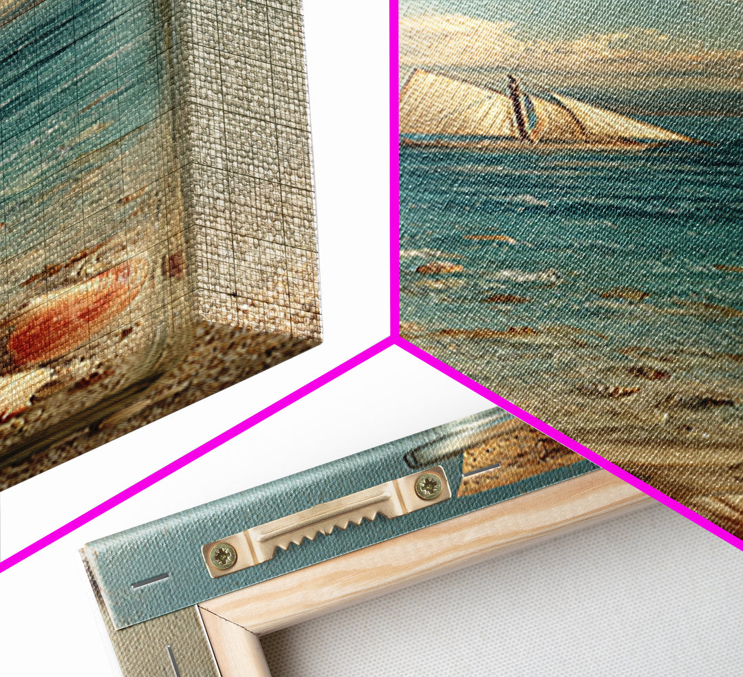 Bottle with Tiny Ship and Ocean Inside Framed Canvas Print, Nautical Art, Oil Painting, Coastal Decor, Fine Art, Harbor, NAU-1x3-52