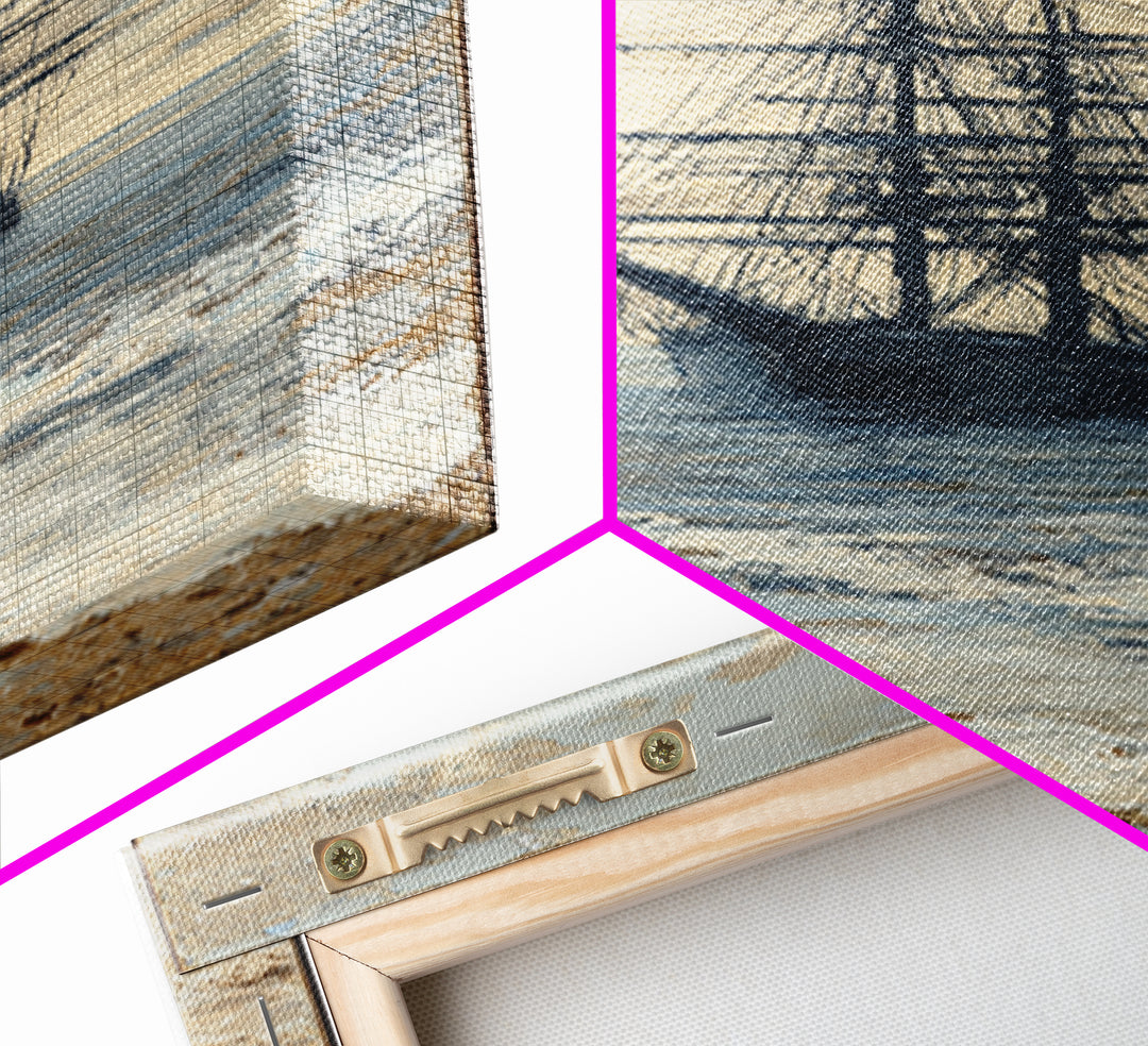 Tall Ship Silhouette at Sunset Framed Canvas Print, Nautical Art, Beach Print, Coastal Decor, Fine Art, Harbor, Luxury Decor, NAU-1x3-92