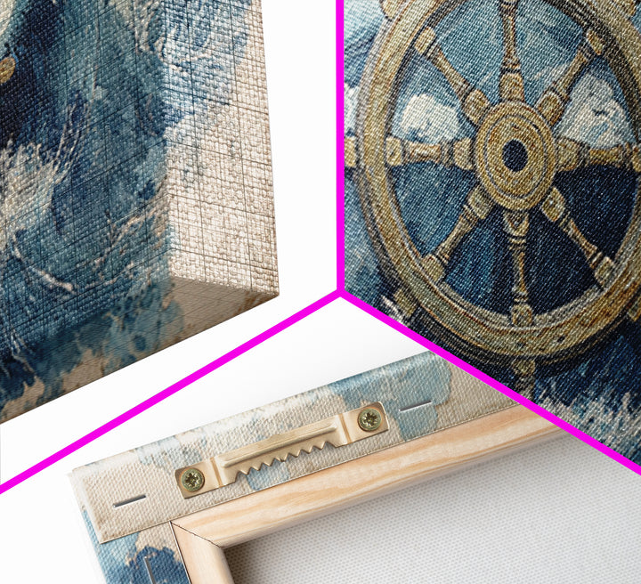Ship Wheel with Sea Spray Background Framed Canvas Print, Nautical Art, Wall Art, Coastal Decor, Oil Painting, Harbor, NAU-2x1-35
