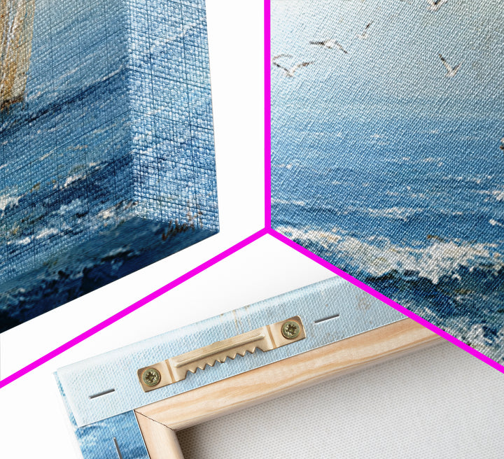 Sailboat Leaning into Wind on Blue Water Framed Canvas Print, Nautical Art, Digital Print, Coastal Decor, Fine Art, Harbor, NAU-2x1-45
