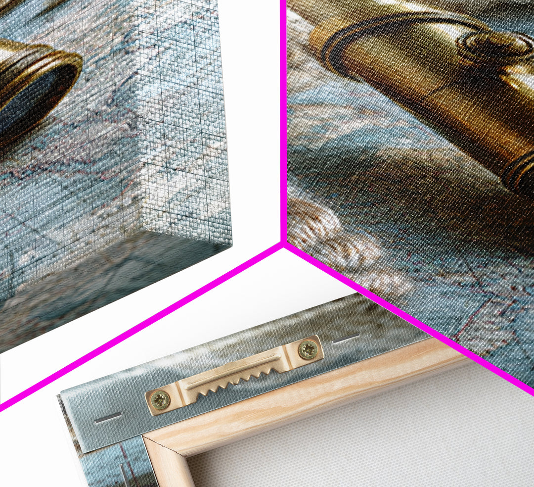 Brass Telescope and Old Map Still Life Canvas Print, Nautical Art, Wall Art, Coastal Decor, Oil Painting, Harbor, Digital Print, NAU-2x3-14