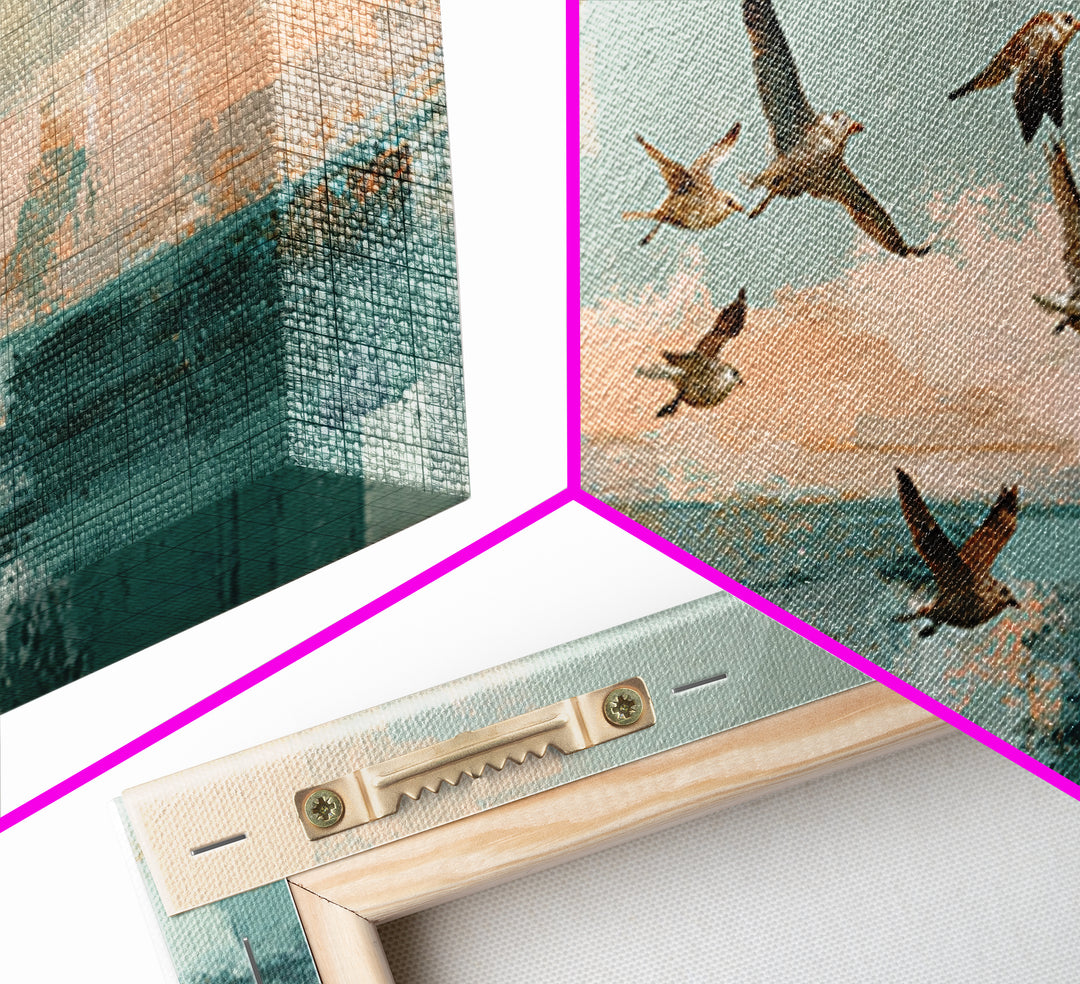 Coastal Gulls Flying Canvas Print, Nautical Art, Beach Decor, Coastal Decor, Fine Art, Harbor, Statement Artwork, Boho Decor, NAU-3x1-33
