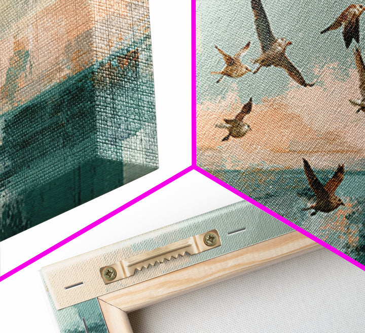 Coastal Gulls Flying Canvas Print, Nautical Art, Beach Decor, Coastal Decor, Fine Art, Harbor, Statement Artwork, Boho Decor, NAU-3x1-33