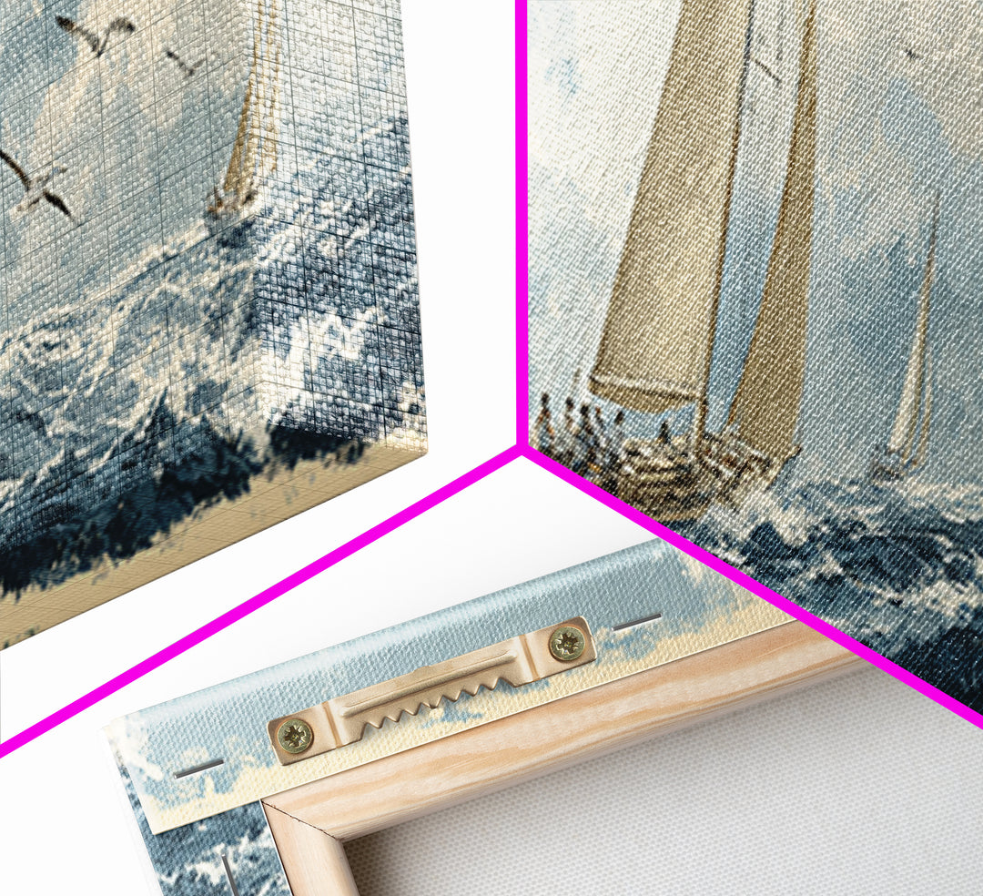 Classic Yacht Racing Through Whitecaps Canvas Print, Nautical Art, Minimalist Decor, Coastal Decor, Fine Art, Harbor, NAU-3x1-35