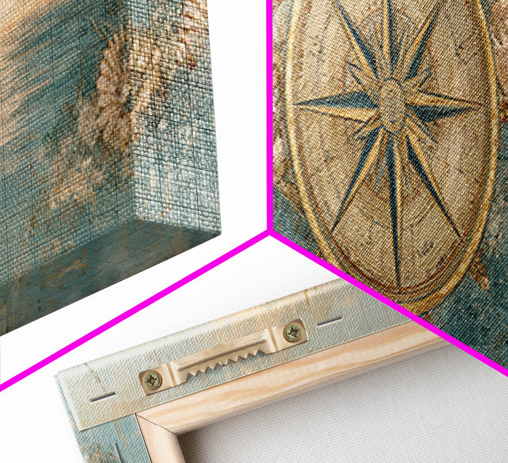Antique Compass with Rope and Shells Framed Canvas Print, Nautical Art, Beach Print, Coastal Decor, Fine Art, Harbor, NAU-3x1-90