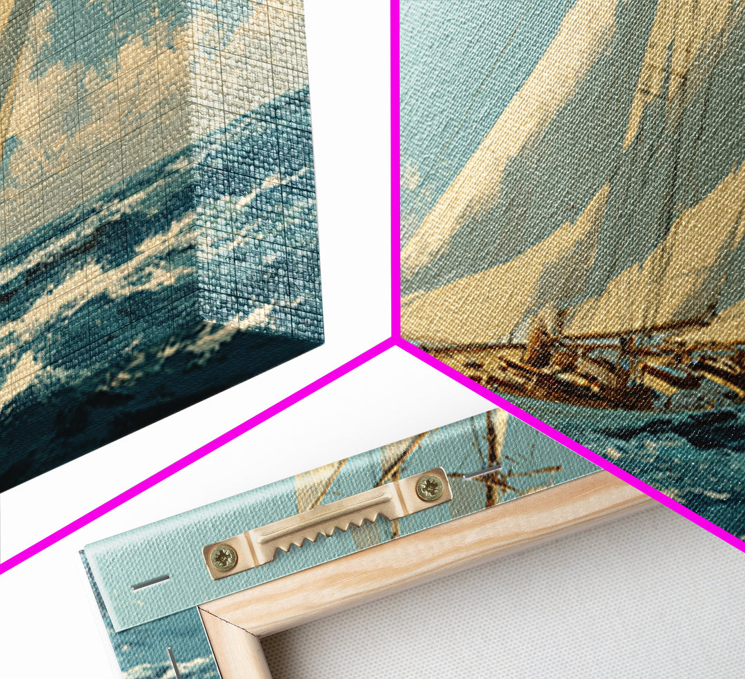 Classic Yacht Racing Through Whitecaps Framed Canvas Print, Nautical Art, Nautical Wall Art, Coastal Decor, Watercolor Art, NAU-3x2-71
