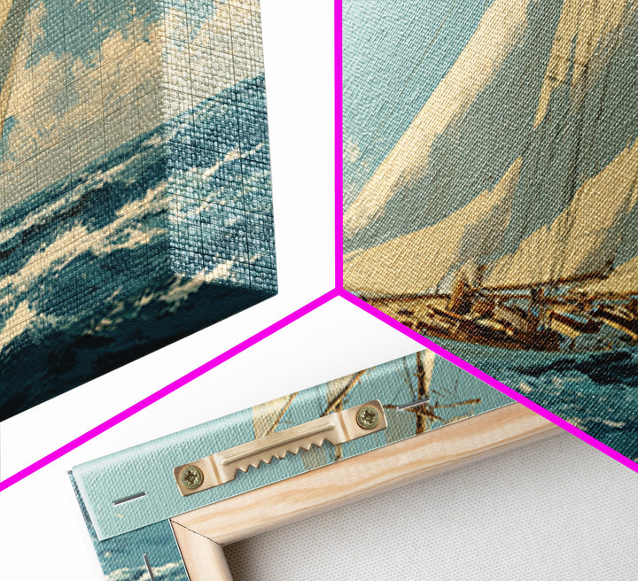 Classic Yacht Racing Through Whitecaps Framed Canvas Print, Nautical Art, Nautical Wall Art, Coastal Decor, Watercolor Art, NAU-3x2-71