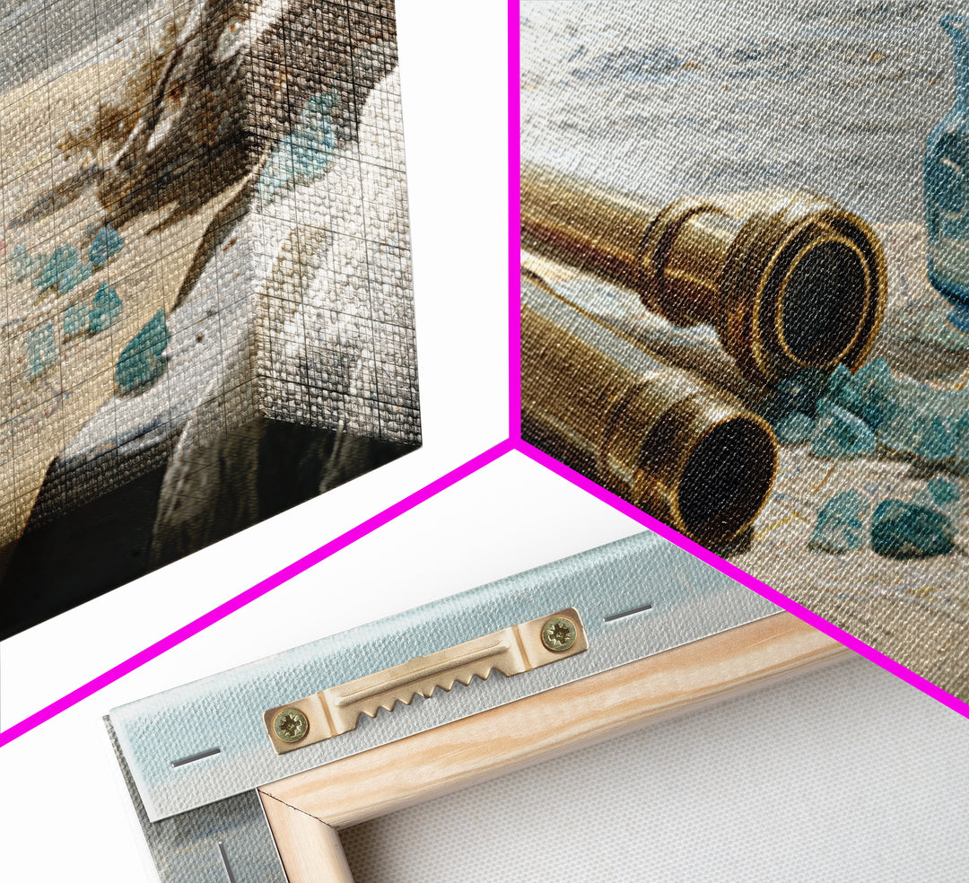 Brass Telescope and Old Map Still Life Framed Canvas Print, Nautical Art, Ocean Art, Coastal Decor, Oil Painting, Harbor, NAU-3x2-82
