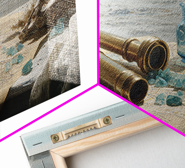 Brass Telescope and Old Map Still Life Framed Canvas Print, Nautical Art, Ocean Art, Coastal Decor, Oil Painting, Harbor, NAU-3x2-82
