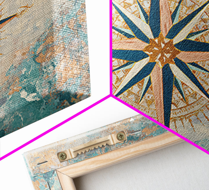 Nautical Star Compass Rose Framed Canvas Print, Nautical Art, Beach Print, Coastal Decor, Fine Art, Harbor, Luxury Decor, NAU-3x2-90