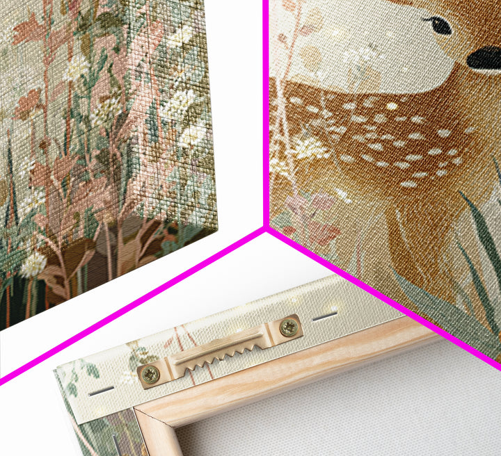 Baby Deer in Meadow with Fireflies Canvas Print, Nursery Decor, Floral Wallpaper, Nursery, Fine Art Print, Statement Artwork, NDE-1x1-22