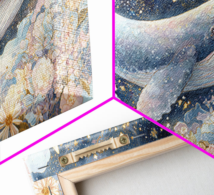 Baby Whale Swimming Through Stars Framed Canvas Print, Nursery Decor, Wall Light, Fine Art, Nursery, Statement Artwork, NDE-2x1-100