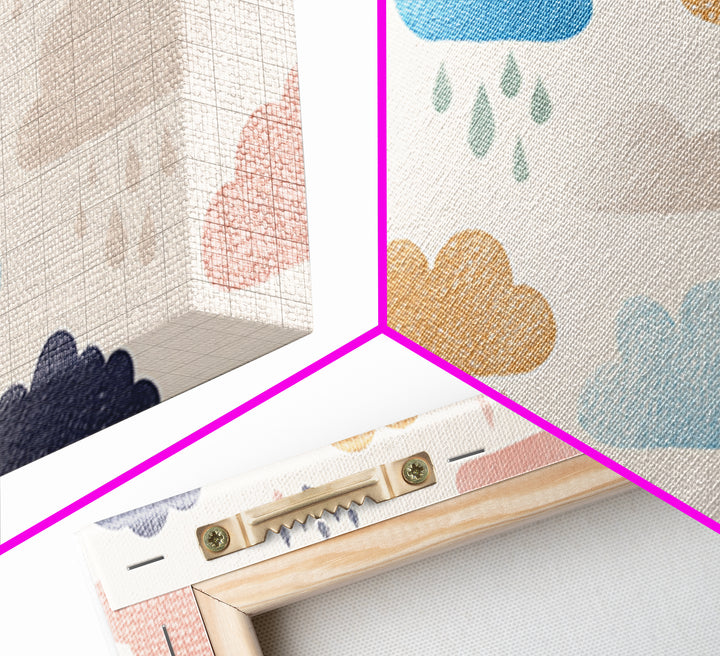Cloud Rainbow and Raindrop Composition Framed Canvas Print, Nursery Decor, Wall Decor, Nursery, Woodland Nursery Decor, NDE-2x1-40