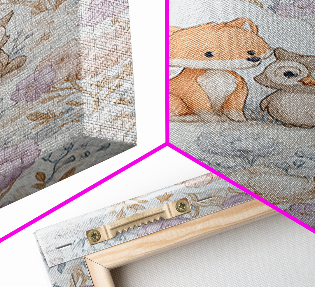 Fox and Owl Friends Canvas Print, Nursery Decor, Framed Wall Art, Oil Painting, Nursery, Safari Nursery Decor, Floral Wallpaper, NDE-2x3-70