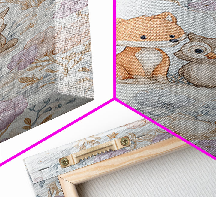 Fox and Owl Friends Canvas Print, Nursery Decor, Framed Wall Art, Oil Painting, Nursery, Safari Nursery Decor, Floral Wallpaper, NDE-2x3-70