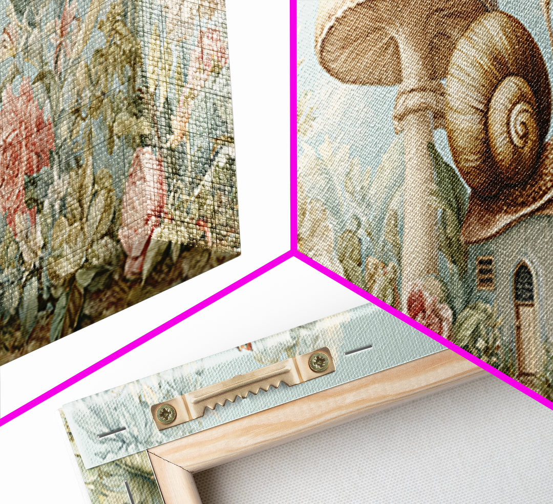 Garden Snail with Mushroom House Framed Canvas Print, Nursery Decor, Gallery Decor, Fine Art, Nursery, Wall Art, Home Decor, NDE-3x1-15