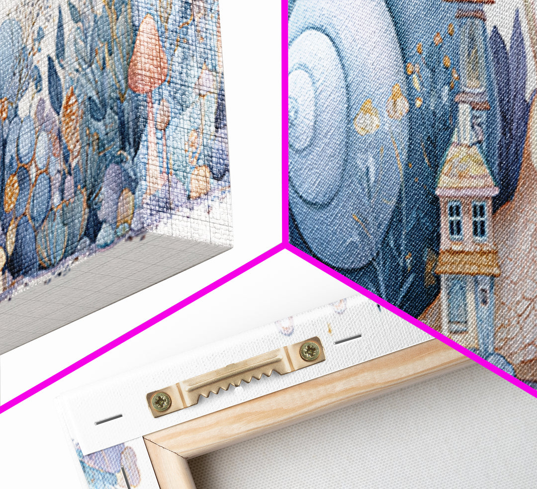 Garden Snail with Mushroom House Framed Canvas Print, Nursery Decor, Nursery, Fine Art, Nursery, Baby Girl Nursery Decor, NDE-3x1-87