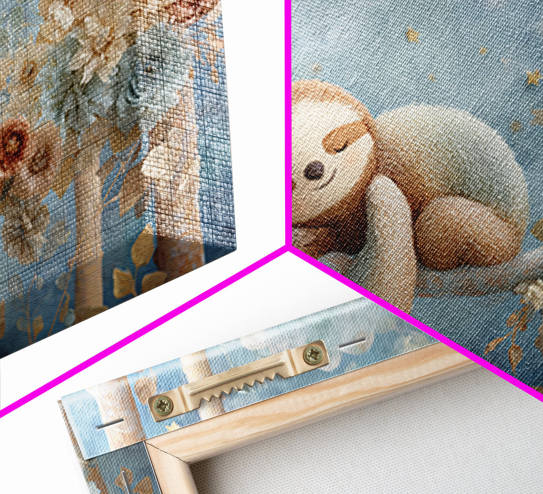 Sleepy Sloth Hanging from Branch Framed Canvas Print, Nursery Decor, Playroom Decor, Oil Painting, Nursery, Boy Nursery Decor, NDE-3x2-10