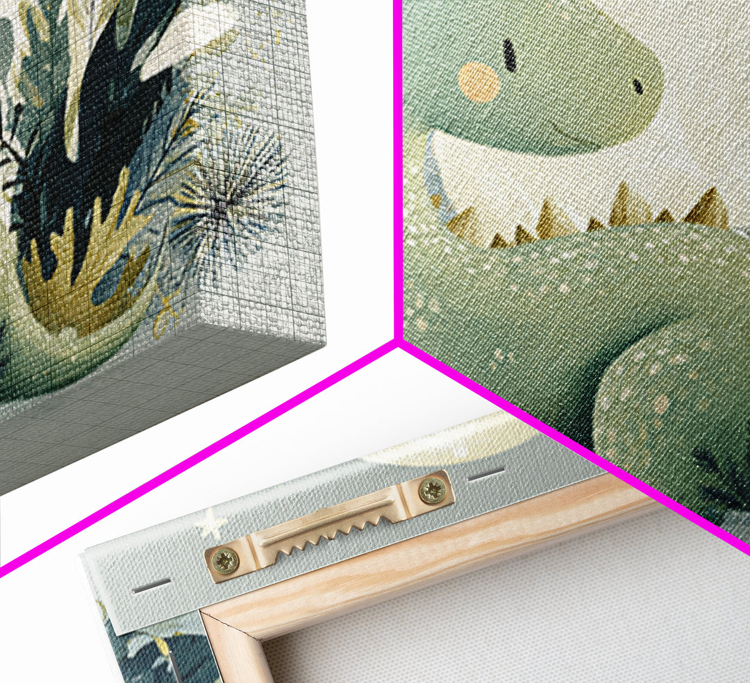 Gentle Dinosaur Family Framed Canvas Print, Nursery Decor, Nursery Wall Art, Oil Painting, Nursery, Botanical Wall Art, NDE-3x2-59