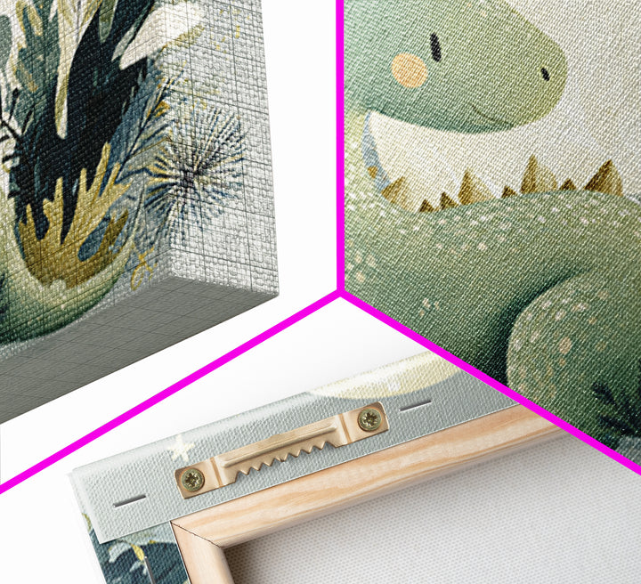 Gentle Dinosaur Family Framed Canvas Print, Nursery Decor, Nursery Wall Art, Oil Painting, Nursery, Botanical Wall Art, NDE-3x2-59
