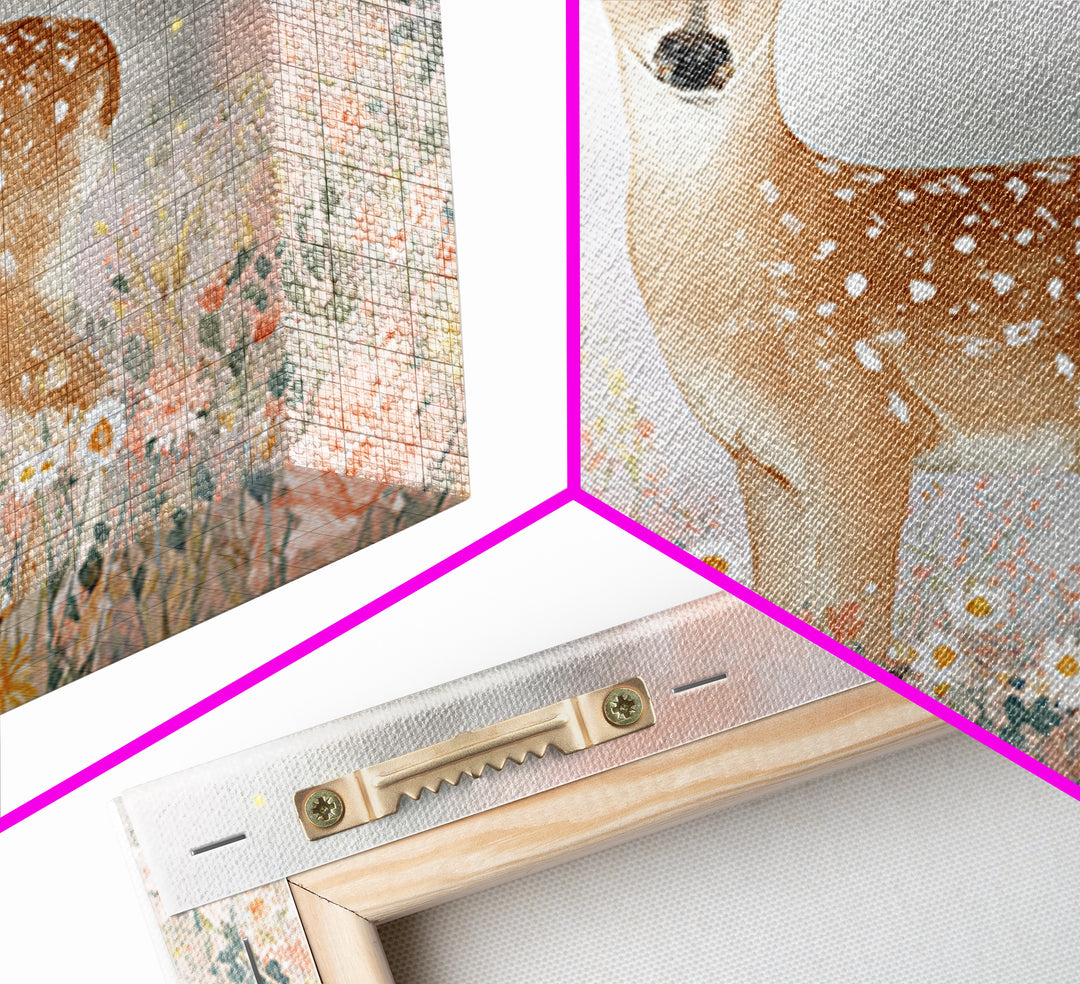 Baby Deer in Meadow with Fireflies Framed Canvas Print, Nursery Decor, Floral Wallpaper, Fine Art, Nursery, Fine Art Print, NDE-3x2-74