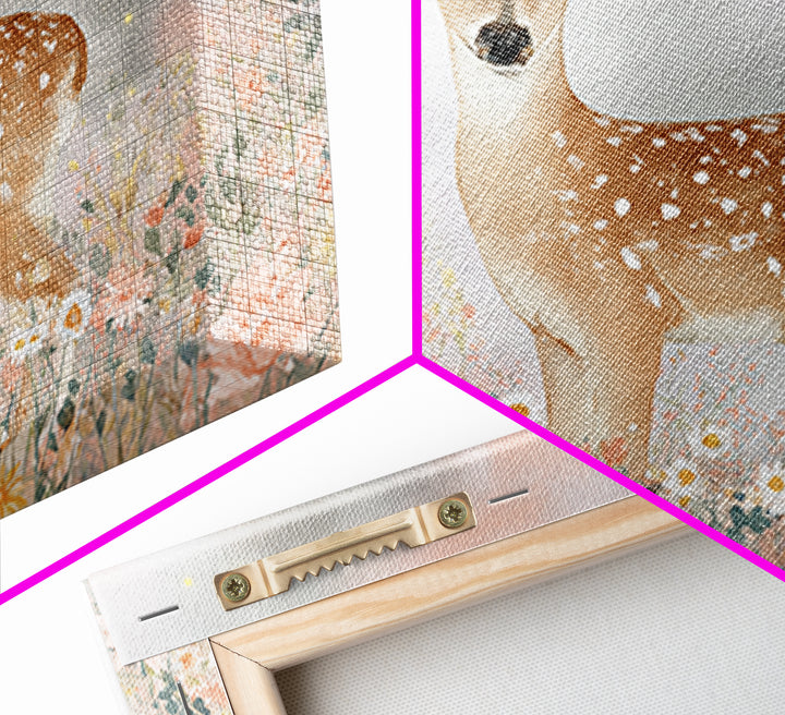 Baby Deer in Meadow with Fireflies Framed Canvas Print, Nursery Decor, Floral Wallpaper, Fine Art, Nursery, Fine Art Print, NDE-3x2-74