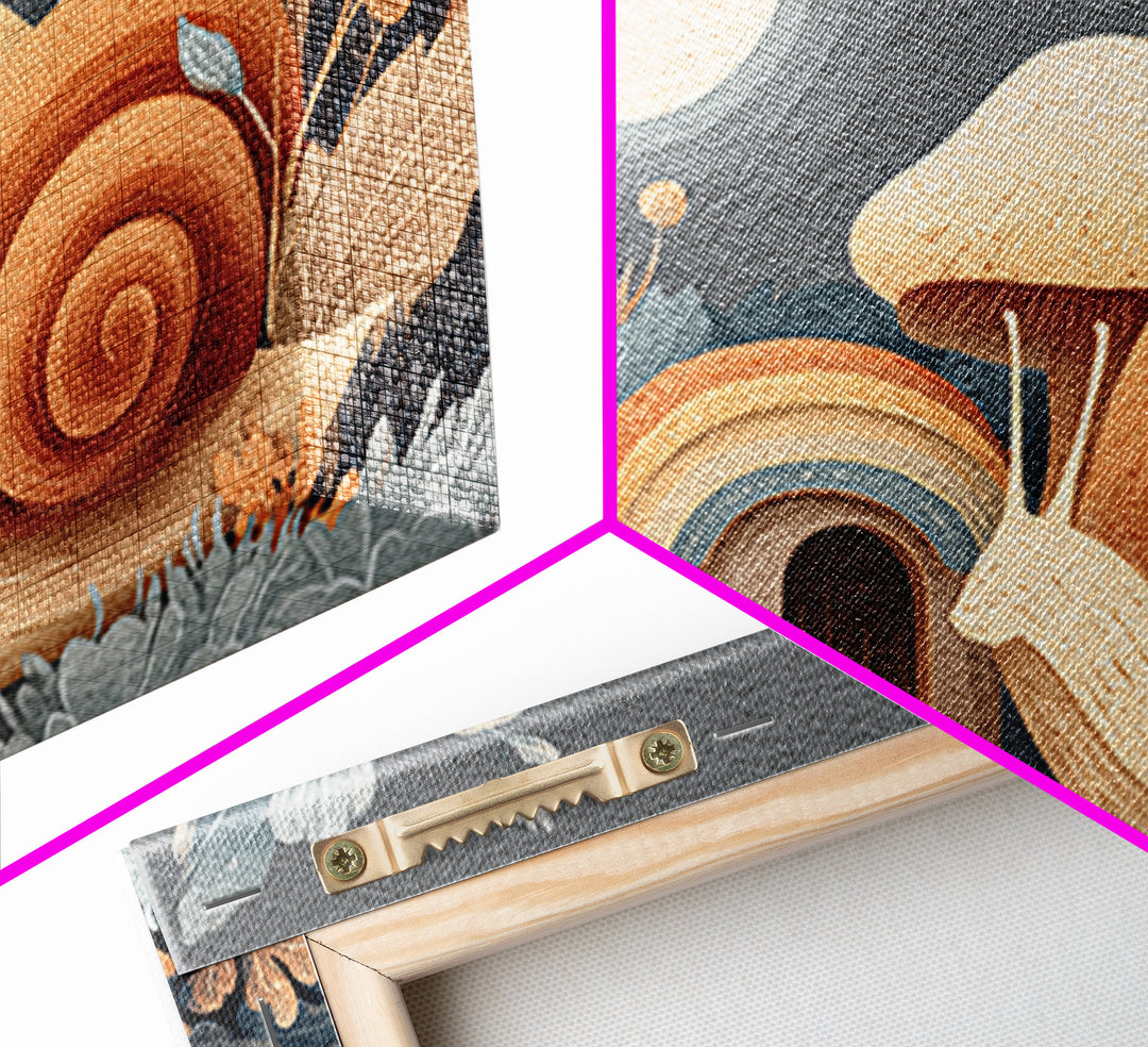 Garden Snail with Mushroom House Framed Canvas Print, Nursery Decor, Nursery, Fine Art, Nursery, Baby Girl Nursery Decor, NDE-3x2-99