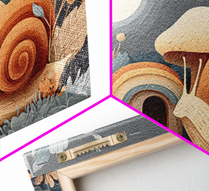 Garden Snail with Mushroom House Framed Canvas Print, Nursery Decor, Nursery, Fine Art, Nursery, Baby Girl Nursery Decor, NDE-3x2-99