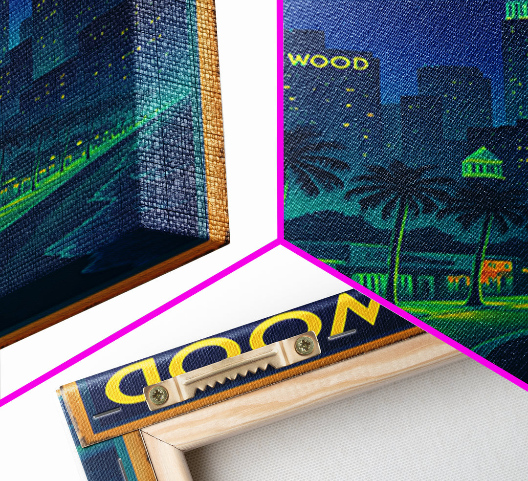Hollywood Travel Poster, Canvas Print, Retro Neon Travel Art, Hollywood City Art, Travel Wall Art, Travel Wall Decor, City Art Print