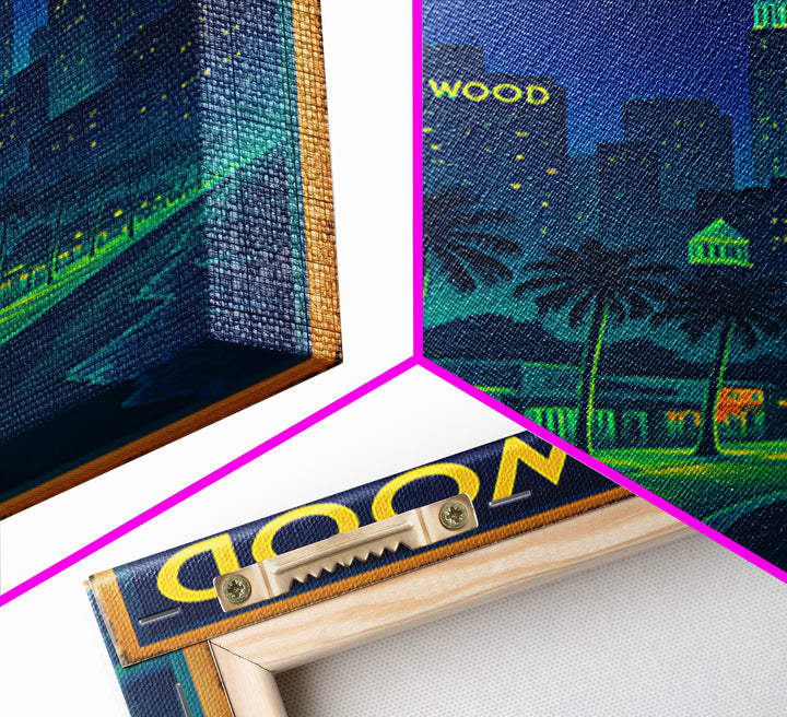 Hollywood Travel Poster, Canvas Print, Retro Neon Travel Art, Hollywood City Art, Travel Wall Art, Travel Wall Decor, City Art Print