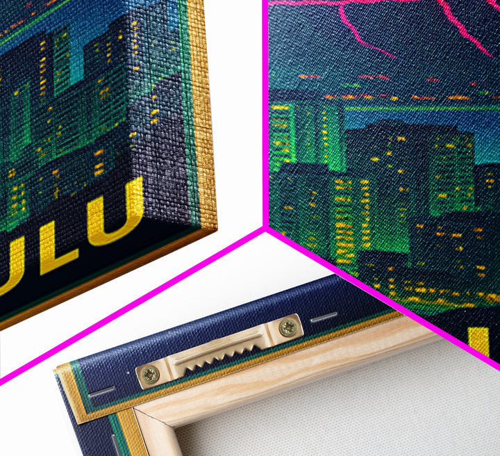 Honolulu Hawaii Travel Poster, Framed Canvas Print, Retro Neon Travel Art, Honolulu City Art, Living Room Wall Art, City Illustration