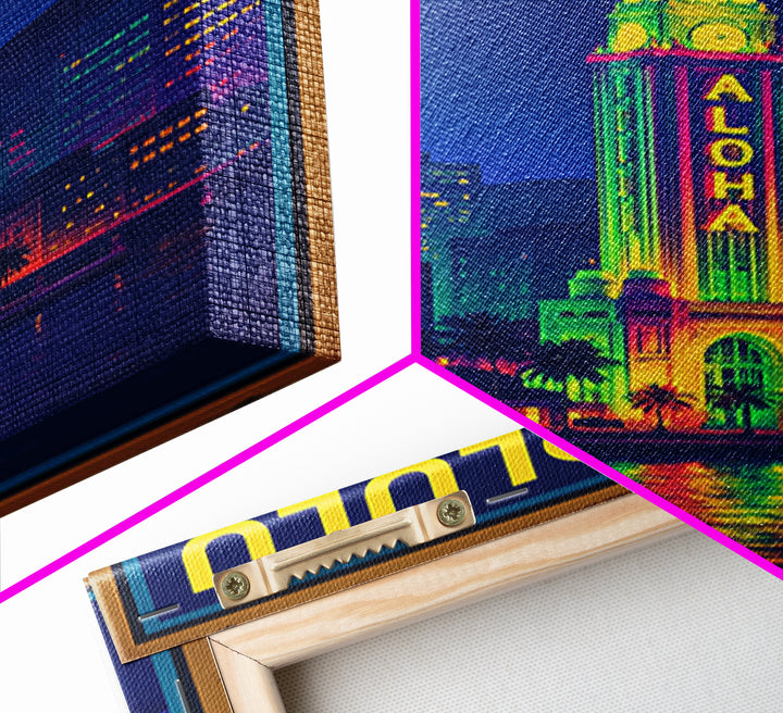 Honolulu Travel Poster, Framed Canvas Print, Neon Cityscape Wall Art, Honolulu Wall Art, City Illustration, Vintage City Art, Art Print