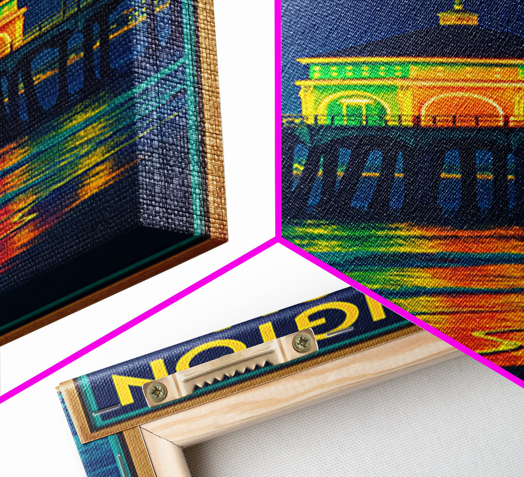 Huntington Beach Travel Poster, Framed Canvas Print, Neon City Skyline Wall Art, Huntington Beach Art Print, Vintage City Poster, Design 2