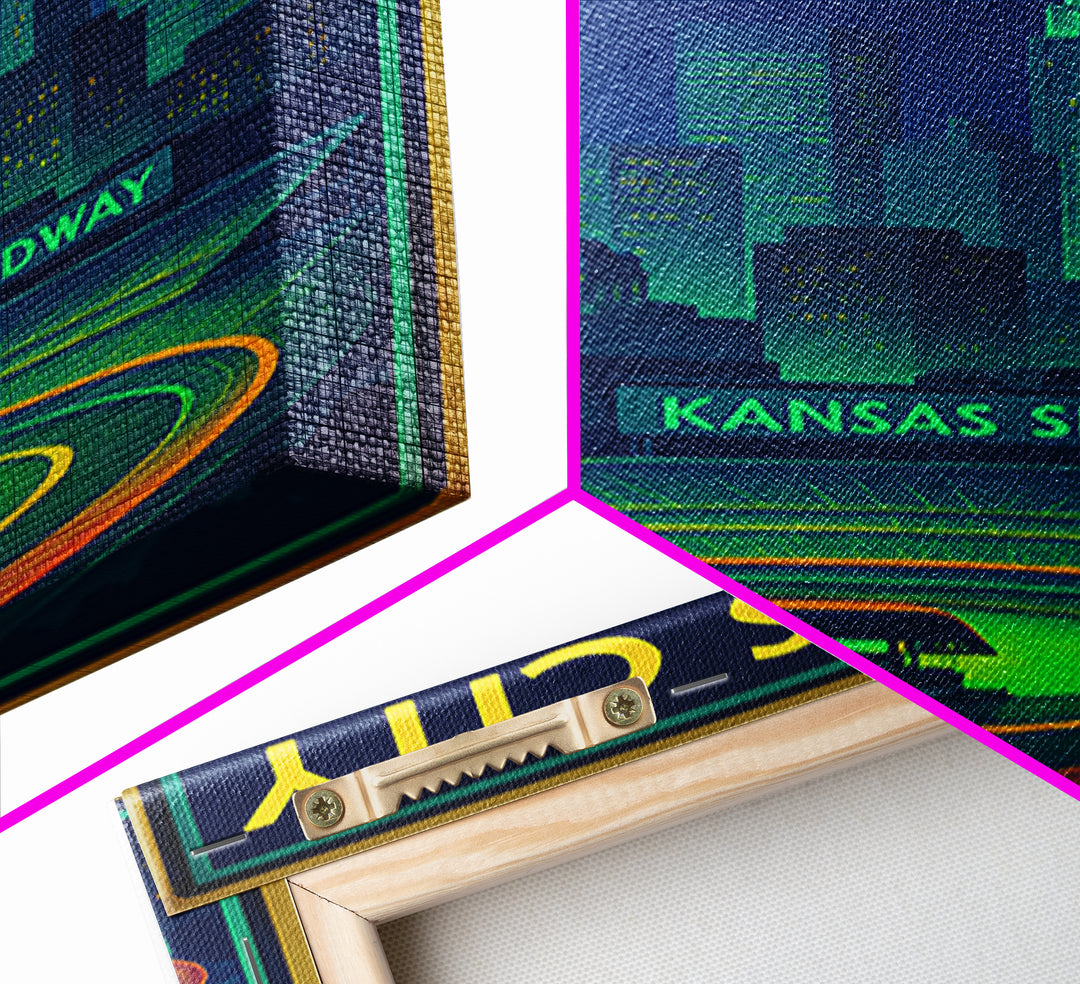 Kansas City Travel Poster, Framed Canvas Print, Cyberpunk Style City Art, Kansas City Wall Art, City Travel Prints, Fine Art Print