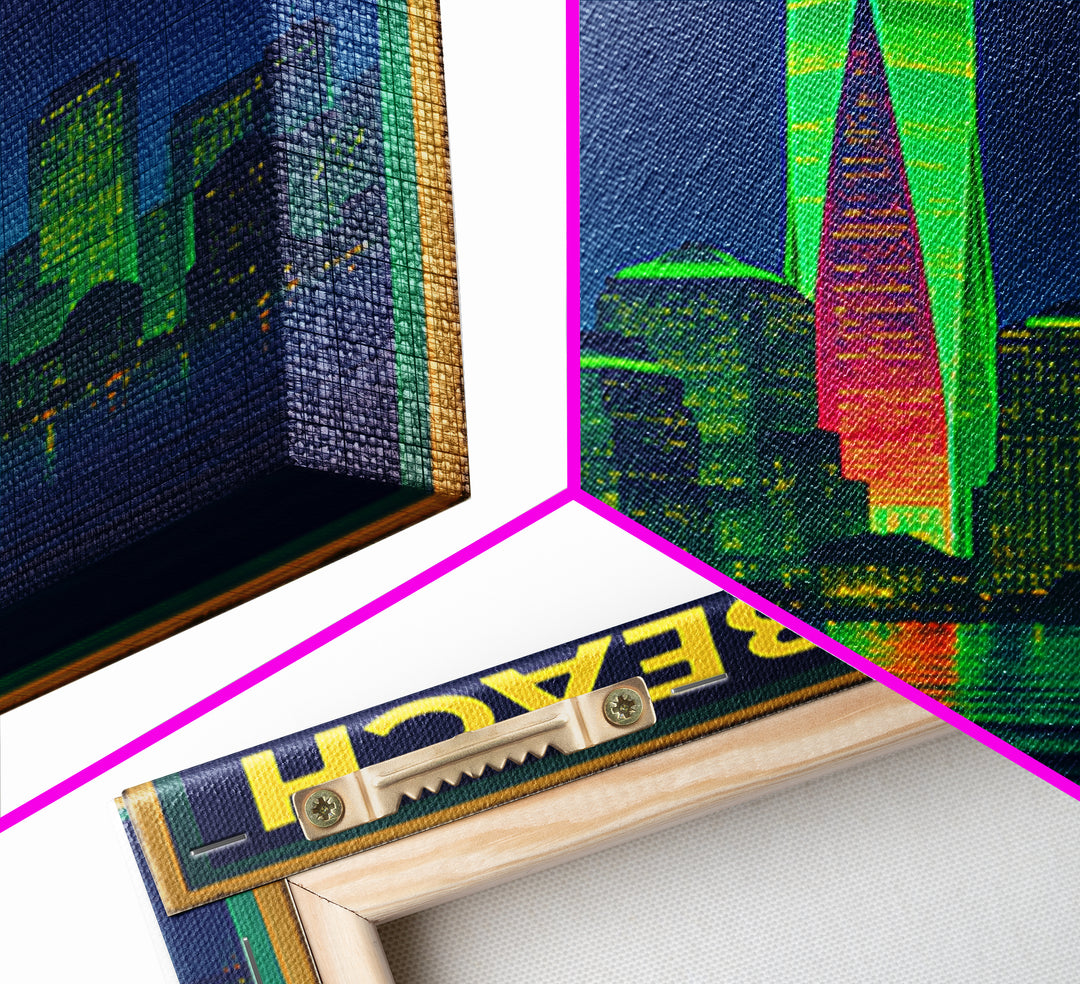 Long Beach Travel Poster, Framed Canvas Print, Retro Neon Travel Art, Long Beach Travel Art, Retro Travel Print, Eclectic Wall Decor