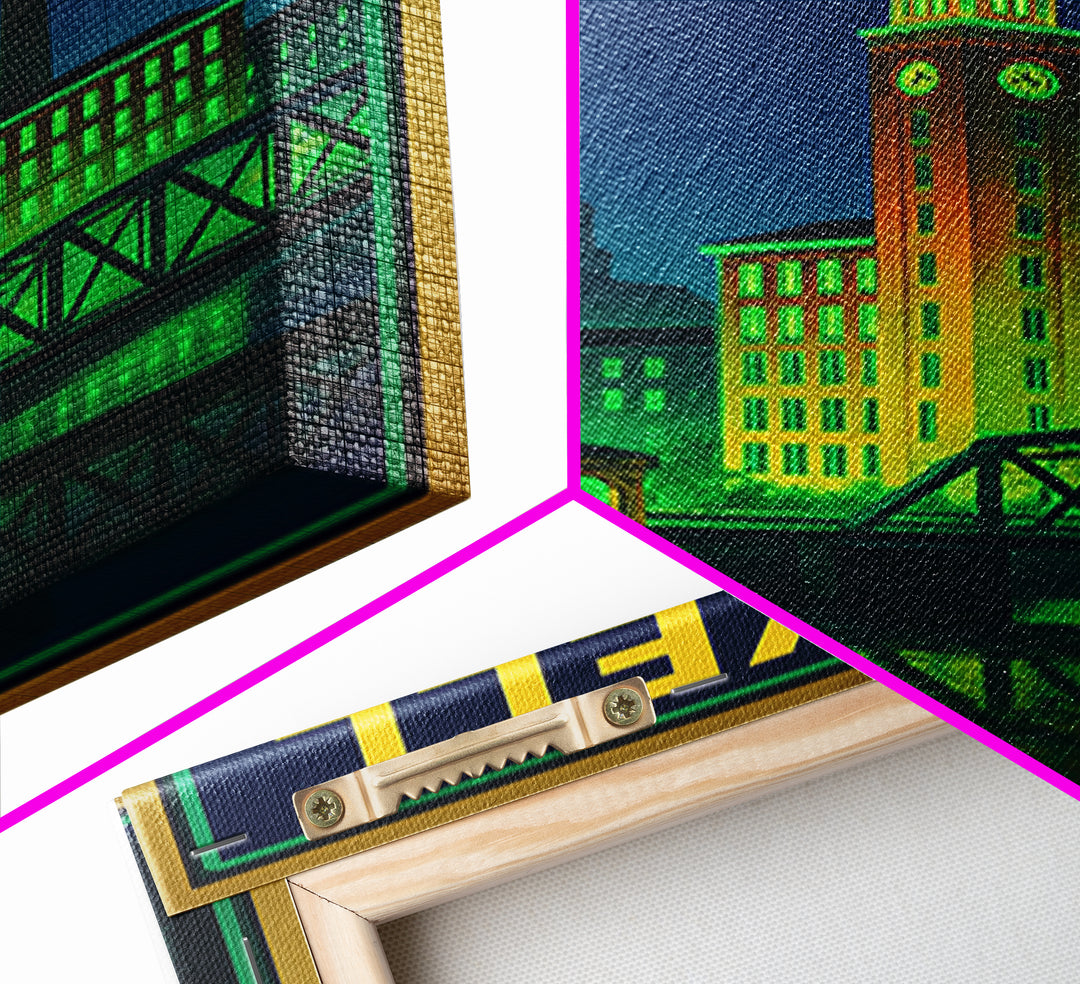 Lowell Travel Poster, Canvas Print, Neon Urban Skyline Wall Art, Lowell Wall Art, Watercolor Urban Skyline, Travel Art Print, Wall Decor
