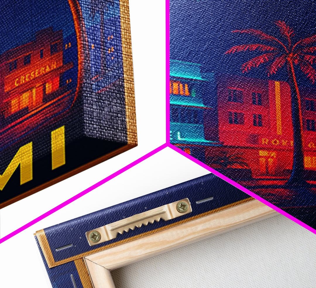 Miami Florida Travel Poster, Canvas Print, Cyberpunk Style City Art, Miami Art Print, Wanderlust Decor, City Illustration, Travel Wall Art