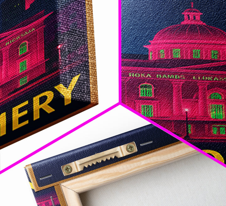 Montgomery Alabama Travel Poster, Canvas Print, Neon Urban Skyline Wall Art, Montgomery Wall Art, Gift For Travelers, Vintage City Art
