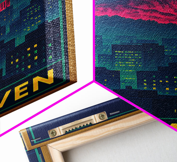 New Haven Connecticut Travel Poster, Framed Canvas Print, Cyberpunk Style City Art, New Haven Wall Art, Vintage Travel Print, Fine Art Print