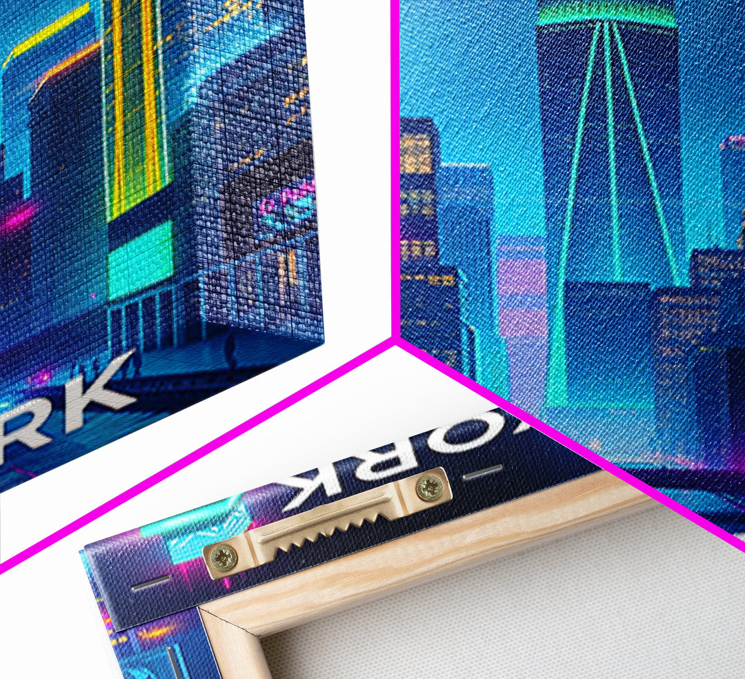New York City New York Travel Poster, Canvas Print, Neon Skyline Wall Art, New York City Art, City Illustration, Travel Prints, Office Decor
