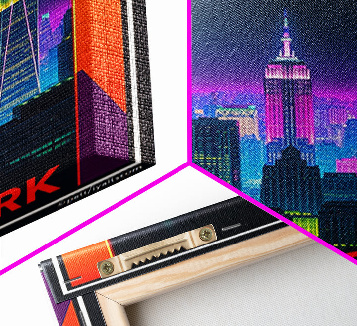 New York Travel Poster, Framed Canvas Print, Neon Skyline Art Wall Art, New York Travel Art, Vintage City Poster, Vintage City Art