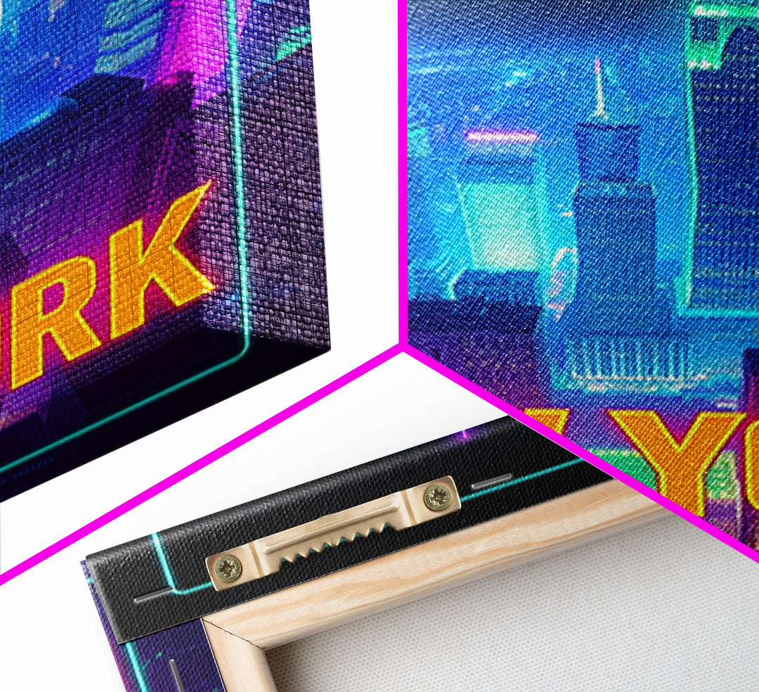 New York Travel Poster, Canvas Print, Neon Cityscape Wall Art, New York Wall Art, City Illustration, Mid Century Wall Art, City Art Print