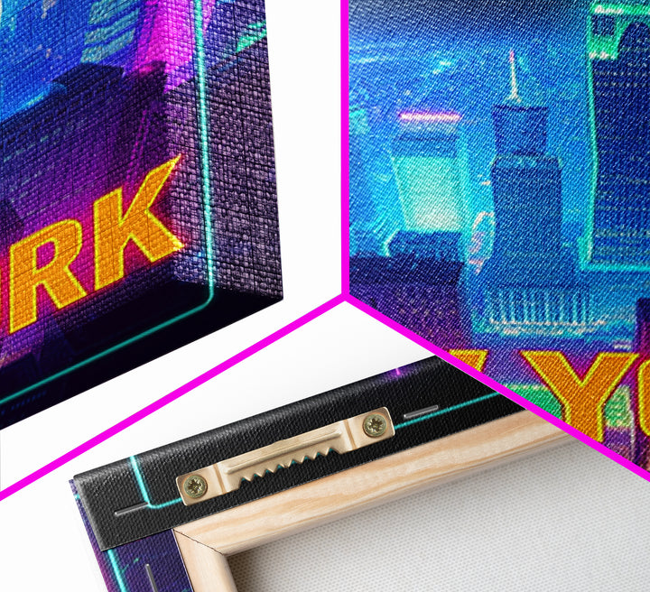 New York Travel Poster, Canvas Print, Neon Cityscape Wall Art, New York Wall Art, City Illustration, Mid Century Wall Art, City Art Print