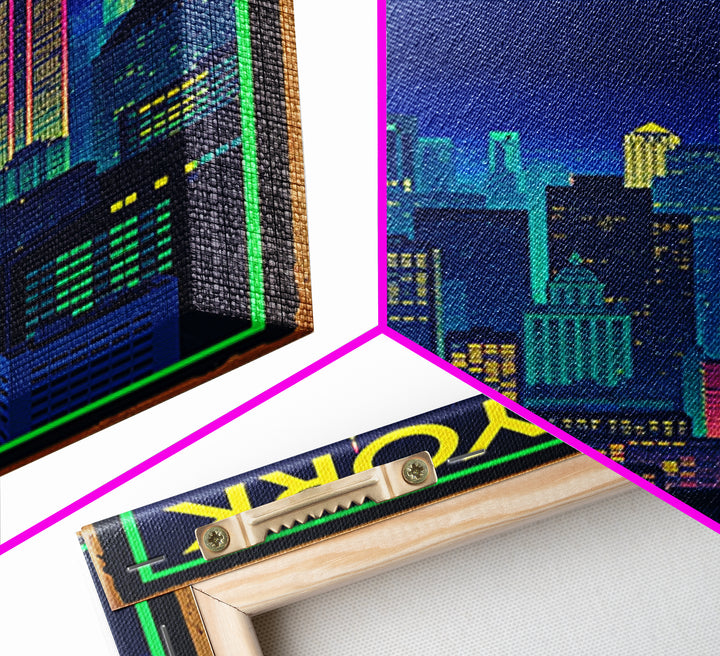 New York Travel Poster, Framed Canvas Print, Neon Downtown Skyline Wall Art, New York Wall Art, Gift For Travelers, Travel Wall Decor