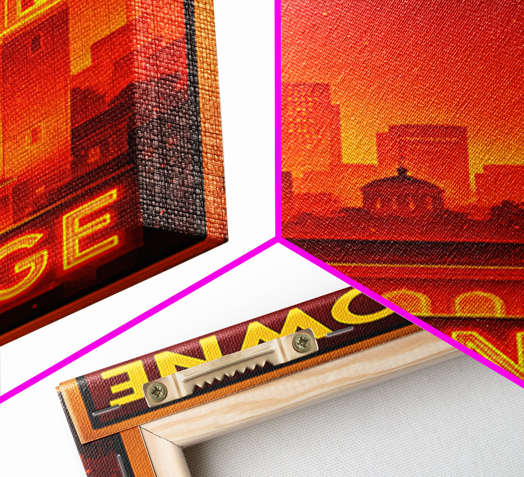 Orange Travel Poster, Framed Canvas Print, Retro Neon Travel Art, Orange Travel Art, Watercolor Downtown Skyline, Travel Poster Set