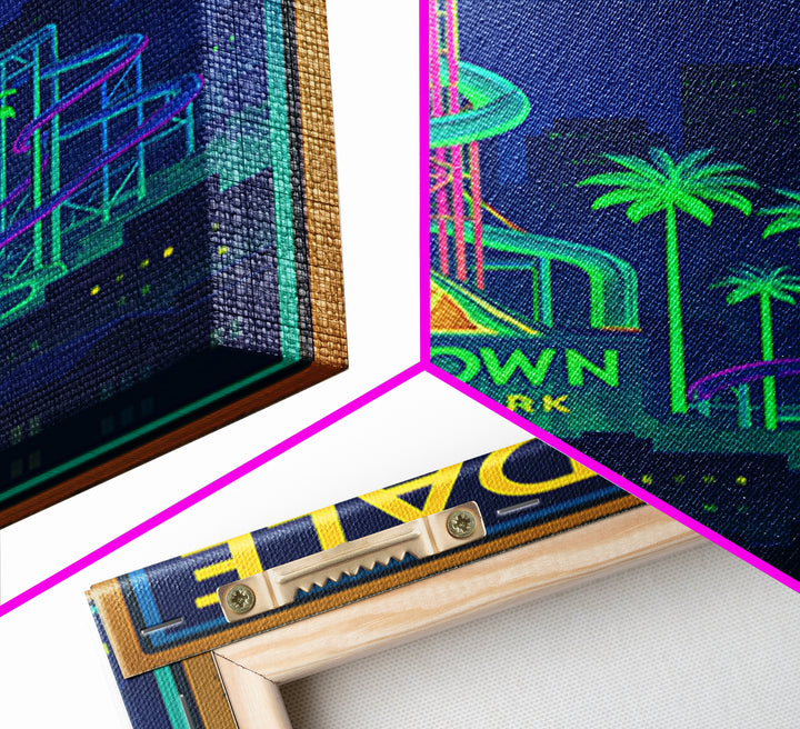 Palmdale Travel Poster, Framed Canvas Print, Neon Skyline Wall Art, Palmdale City Art, Vintage City Art, Mid Century Wall Art