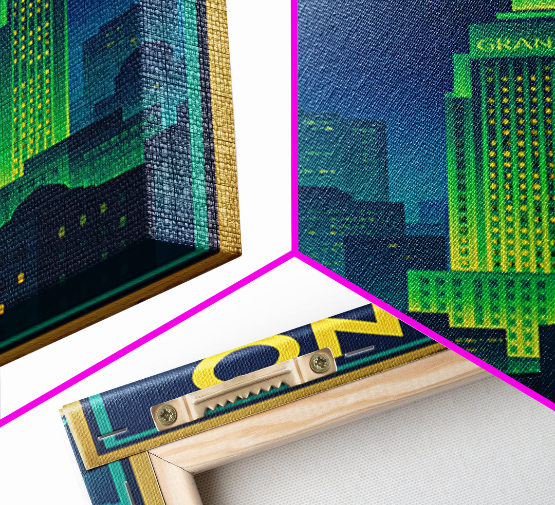 Plano Travel Poster, Framed Canvas Print, Electric Night Poster Art, Plano Travel Art, Watercolor Urban Skyline, Modern Wall Decor